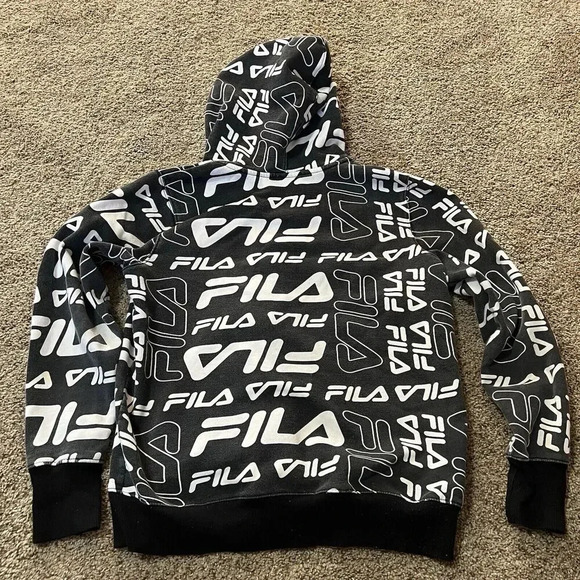FILA Logo Graphic Retro Hip Hop Streetwear BLACK WHITE ALL OVER PRINT ZIP HOODIE - Picture 2 of 10